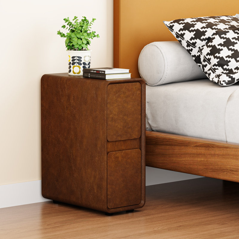 7.8" Wide Fully-Assembled Faux Leather Narrow Nightstand, Brown, Individual