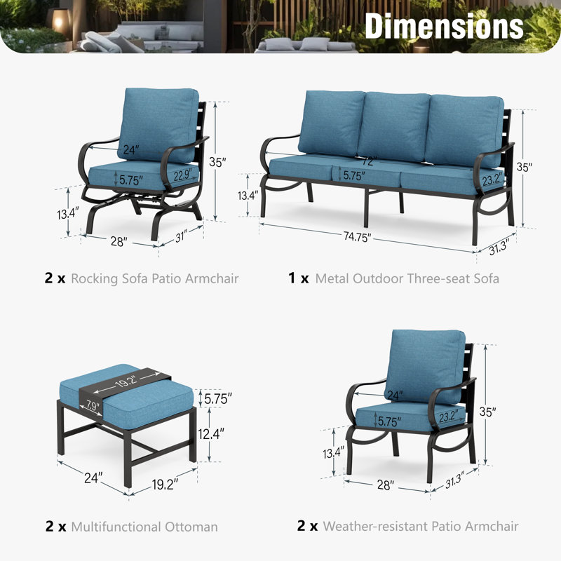 Tapasi 9 - Person Patio Conversation Set with Rocking Lounge Chairs & Optional Firepit Table, Denim Blue, No