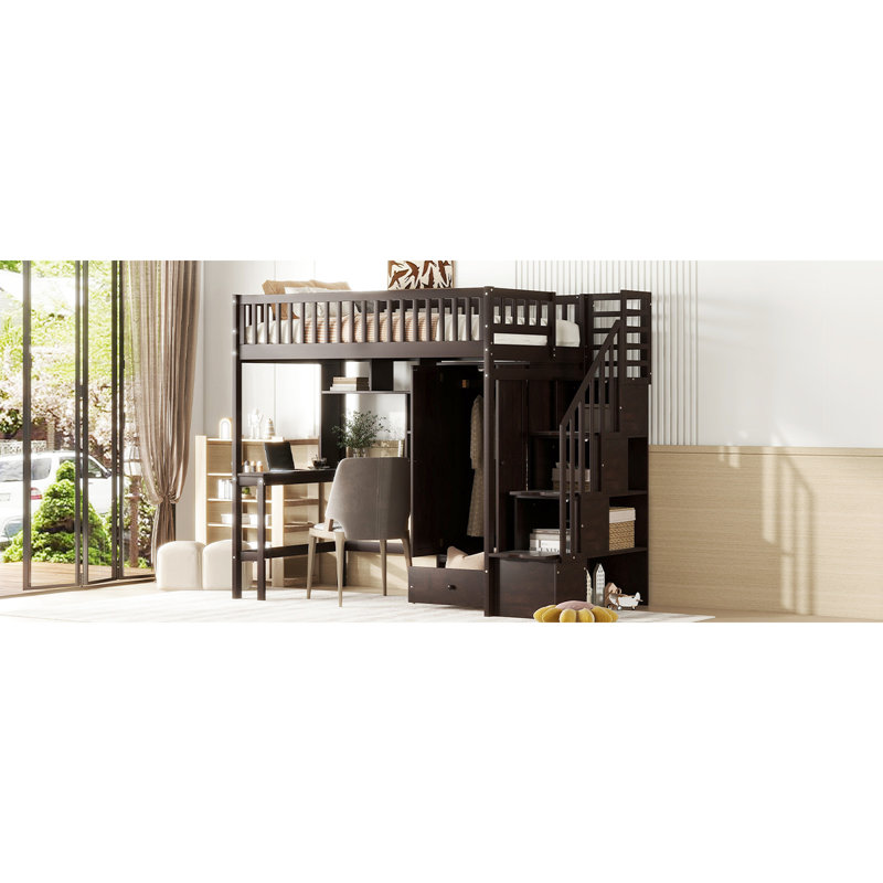 Lit mezzanine simple avec bibliothèque tentante, tiroirs, bureau et garde-robe - solide pour 6 ans, Espresso
