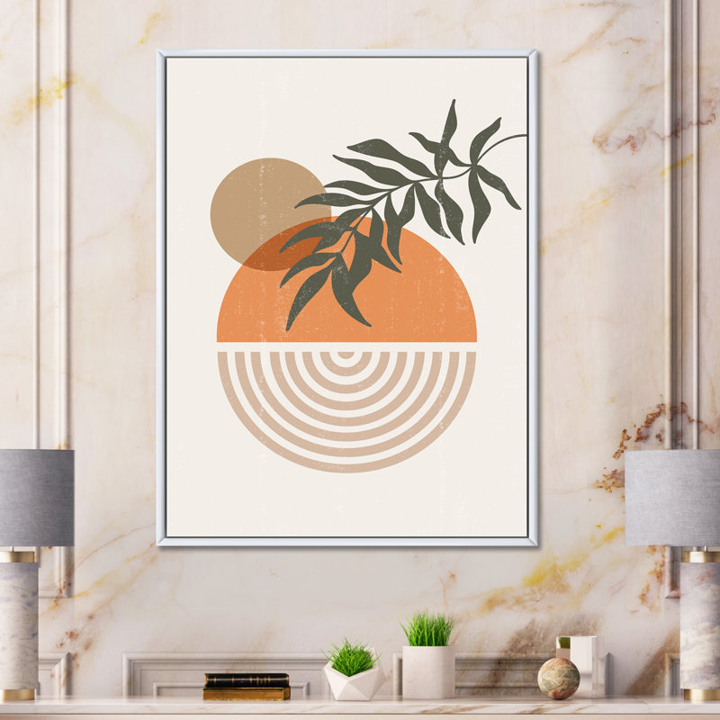 Abstrait géométrique, soleil et lune avec feuille I - cadre flottant, impression sur toile, Cadre blanc