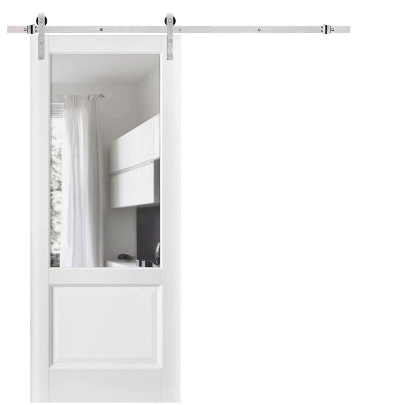 Porte de grange robuste 18 x 80 pouces Lucia 22 Noir mat avec verre effet pluie, supports de rail en acier inoxydable de 6,6 pi, portes intérieures à panneaux pleins et lourds
