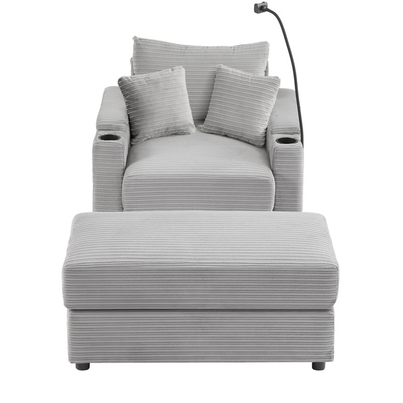 Canapé simple de 41,7 po de style moderne avec espace de rangement, repose-pieds mobile, deux ports USB, deux porte-gobelets et un support pour téléphone dans le salon