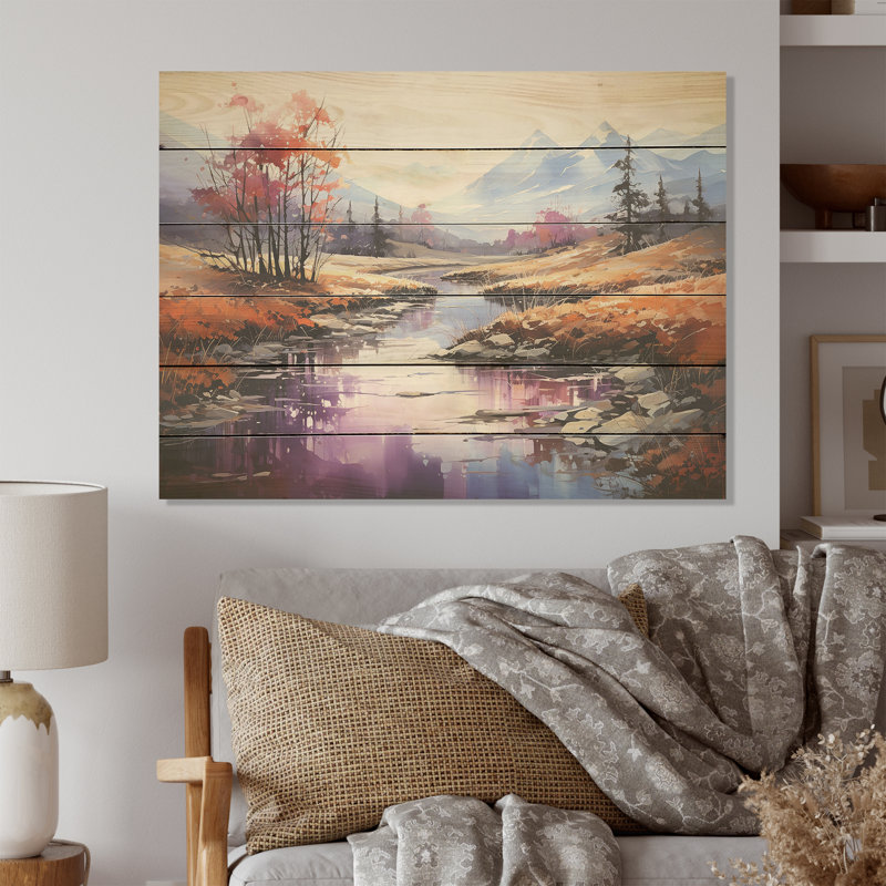 Alcohol Ink River Tranquility I - Countryside Wood Wall Art On Natural Pine Wood, 30" H x 40" W