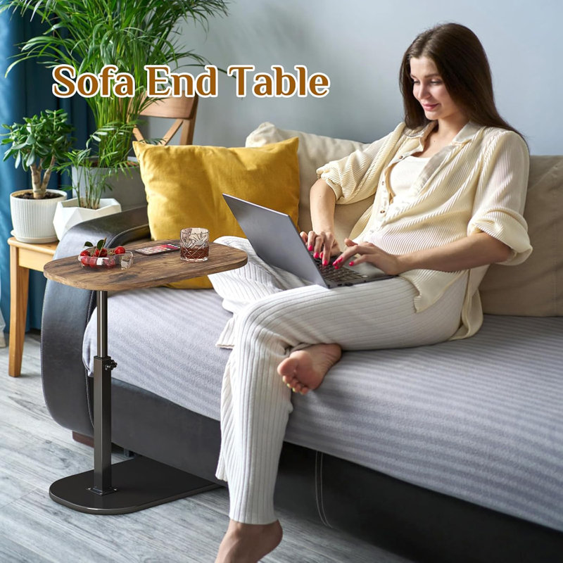 Adjustable Walnut and Black Metal C-Shaped Side Table