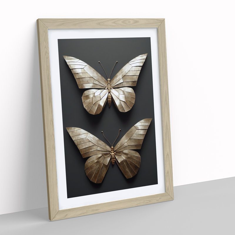 Metal Butterflies - Framed Print, 46cm H x 34cm W, Beige