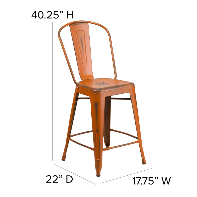 Commercial Grade Distressed Metal Indoor-Outdoor Counter Height Stool with Back, Counter Stool (24" Seat Height), Orange