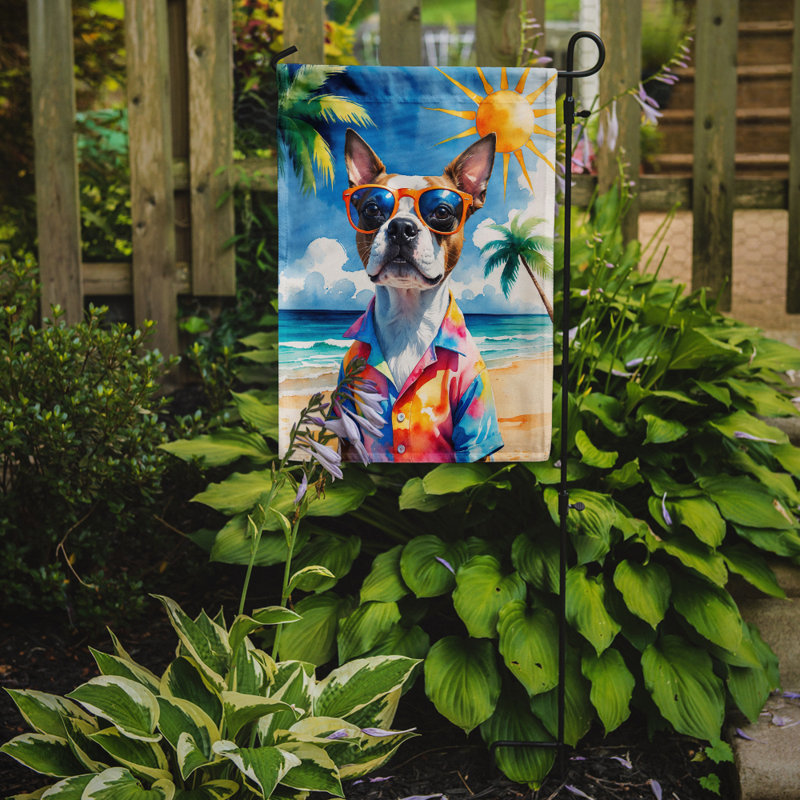Bouvier bernois avec drapeau de jardin, Terrier rouge de Boston