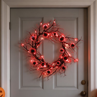 Couronne d'Halloween globe oculaire avec guirlande de lumières DEL rouges, couronne artificielle noire de 17,7 po pour décoration murale de porte d'entrée