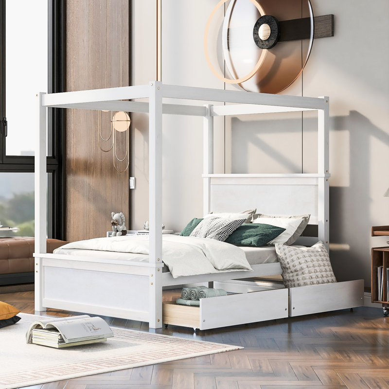 Lit plateforme double à baldaquin, aucun sommier requis, blanc brossé, avec 2 tiroirs pour un espace de rangement en bois massif