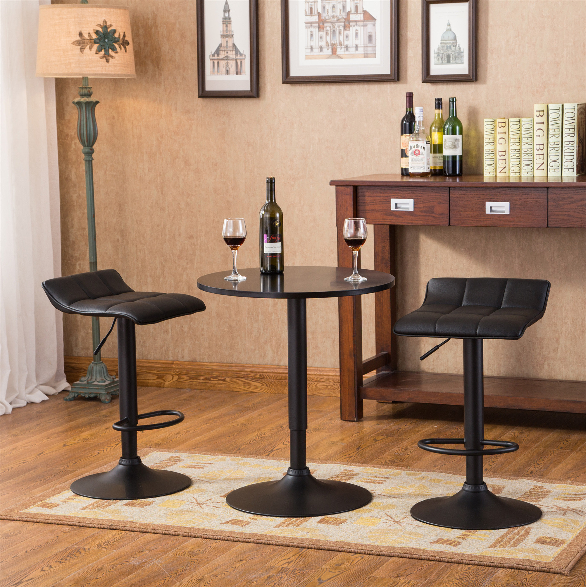 Oliver Edahi Black Round Top Adjustable Height Bar Table And 2