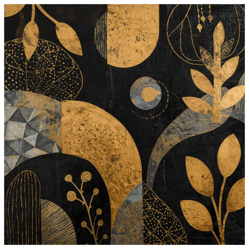 Tapis de bain botanique abstrait doré noir, L 34 po x L 21 po