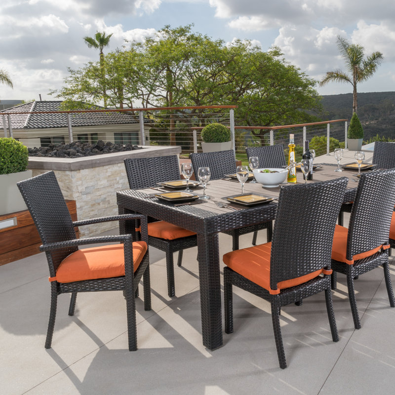 Cannes 9 Piece Dining Set with Cushions, Brown/Black Frame/Canvas Navy Cushion