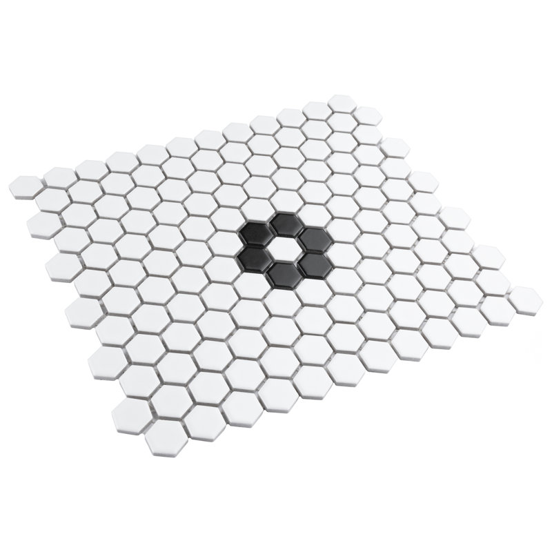 Metro 0.9" x 0.9" Hex Porcelain Honeycomb Mosaic Wall & Floor Tile, Matte White/Black