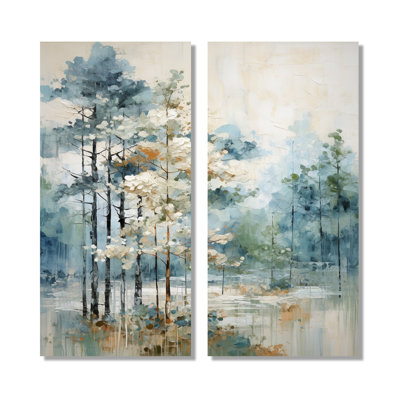 Pine Tree Enchanted Forest - Tree Pine Canvas Art, Green Floral Wall Art 2 Piece