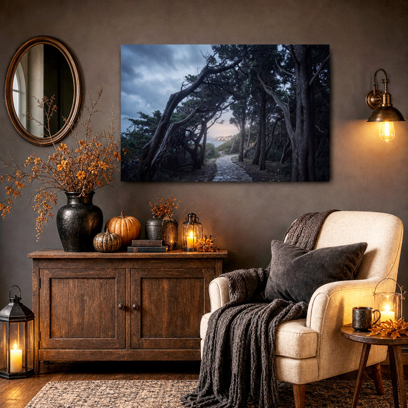 Art mural sur toile Tw Twist Trees Stone Path To Coastal Village, H 28 po x l 40 po