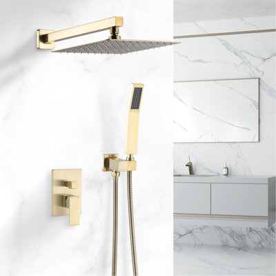 Combinaison de douche murale en or brossé de 10 pouces avec débit d'eau réglable, poignée à levier unique et inverseur pour une valve de détente, tête carrée rafraîchissante facile à nettoyer