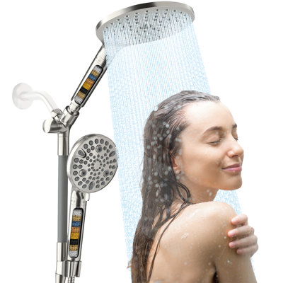 Brushed Nickel 7.5" Filtered Dual Shower Head Combo With Adjustable Bendable Bar