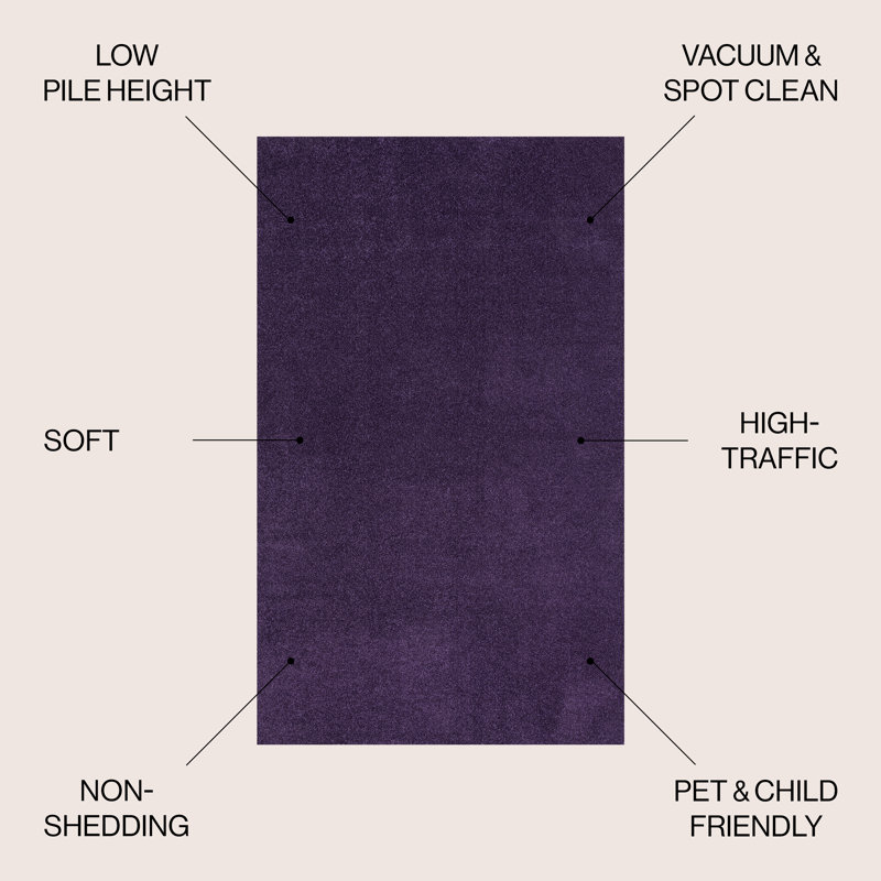 Athaniel Solid Low-Pile Purple Rug, Rectangle 6'2" x 9'