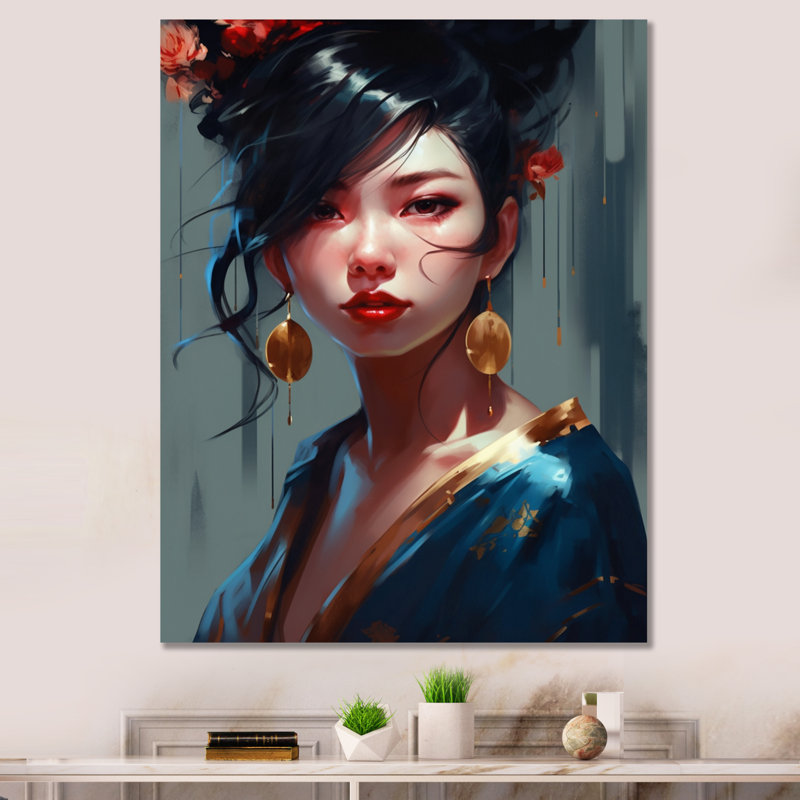 Dame japonaise élégante - peinture sur toile, H 40 po x l 30 po x P 1,5 po, Toile tendue