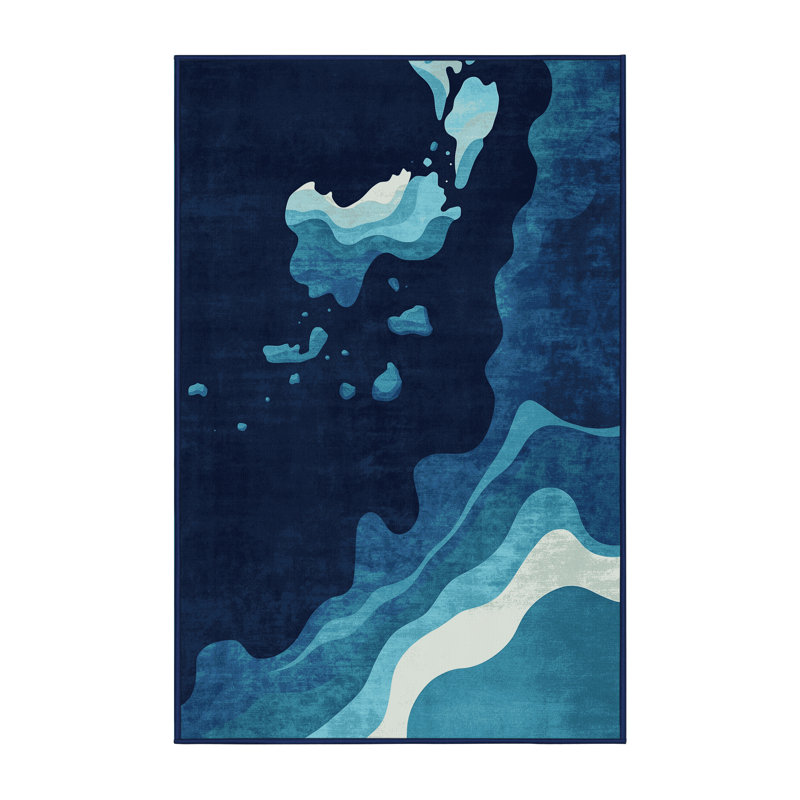 Machine Washable Paublo Whitsunday Islands Coastal Ombre Rug in Blue – Navy Binding, 2x3