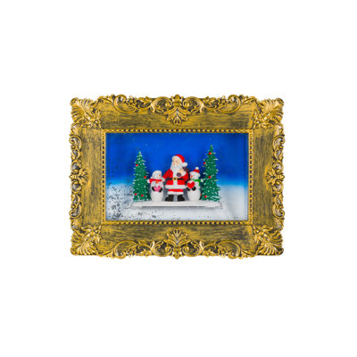 Gold Plastic Picture Frame Warm White LED Snow Globe with Santa & Snowmen
