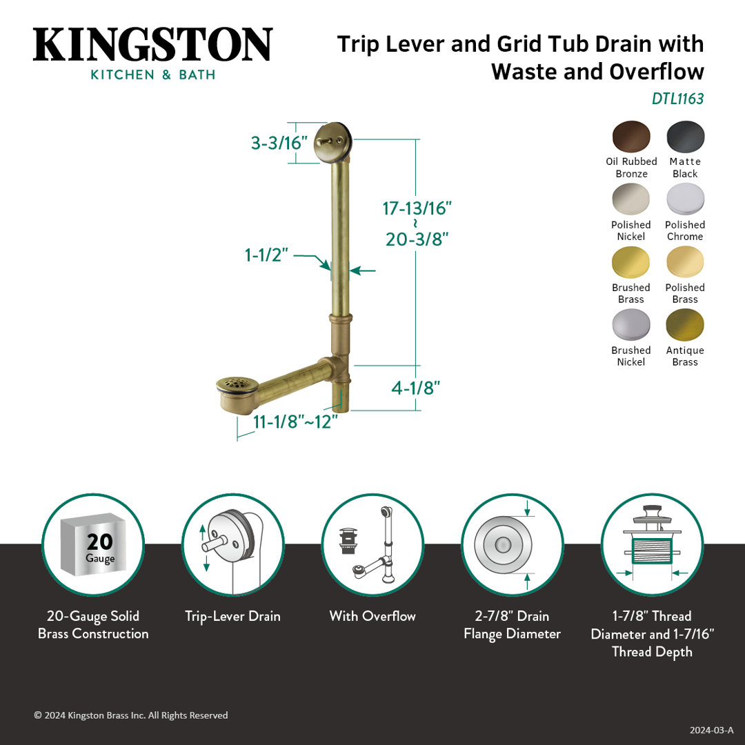 Kingston Brass Made To Match 21-Inch Brass Trip Lever Tub Waste and Overflow with Grid Strainer Kingston Brass