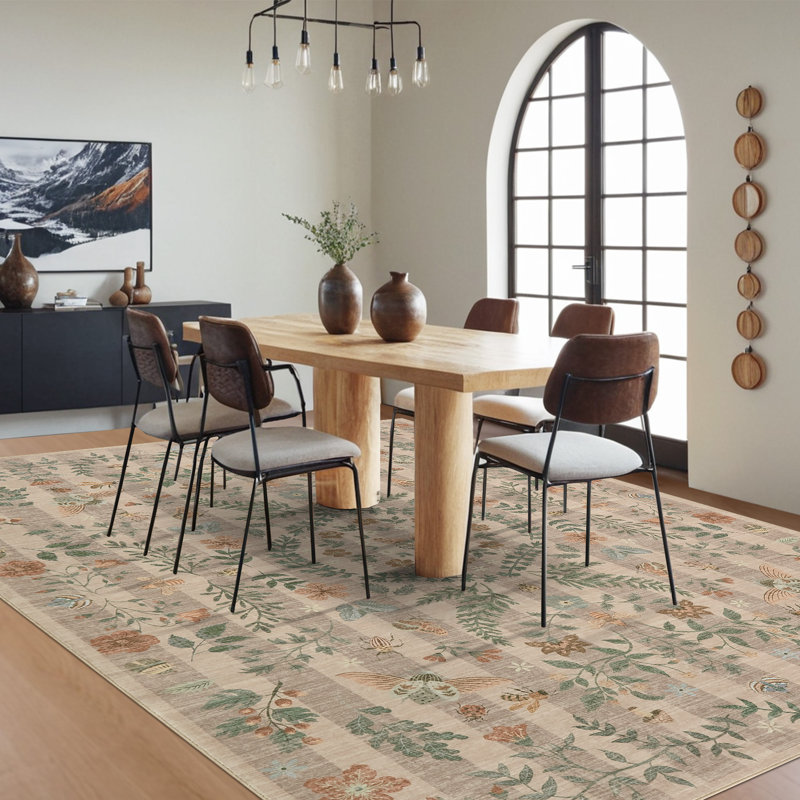 Washable Area Rug Boho Non-Slip Insect Botanical Carpet for Living Room, Bedroom, Dining Room, Playroom, Office – Indoor Throw Rug, Farmhouse Home Decor, Under Table Brown 5*7