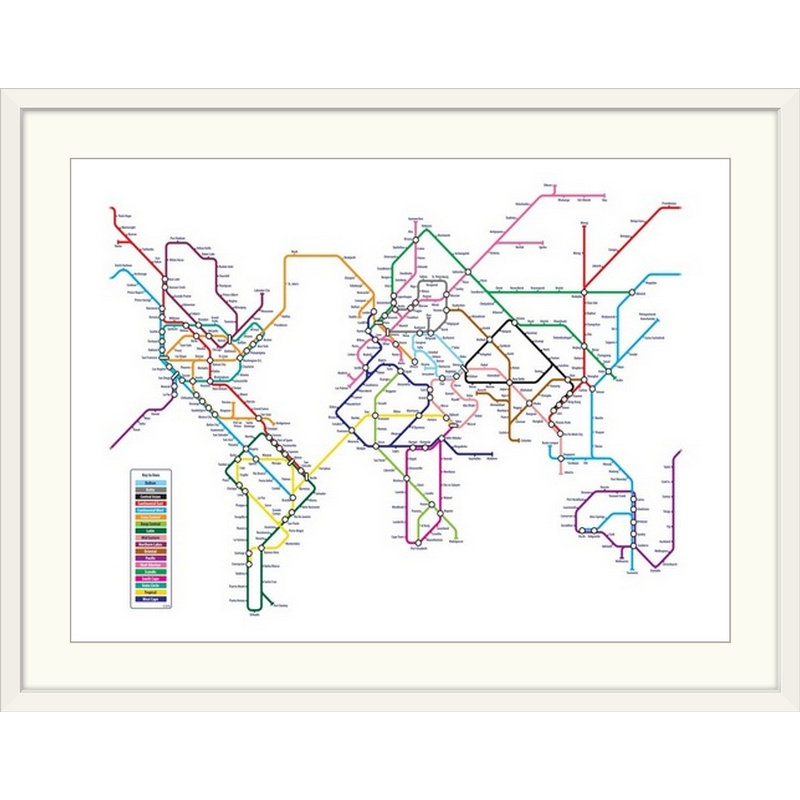 «World Tube Metro Map» par Bellen, impression, H 25 po x l 32 po x P 1 po, Cadre blanc