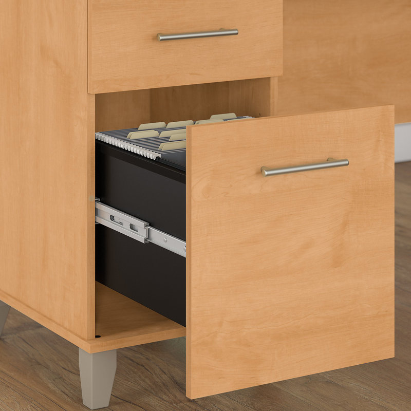 Magomed 72W 3 Position Sit to Stand L Shaped Desk with Hutch and Bookcase, Maple Cross