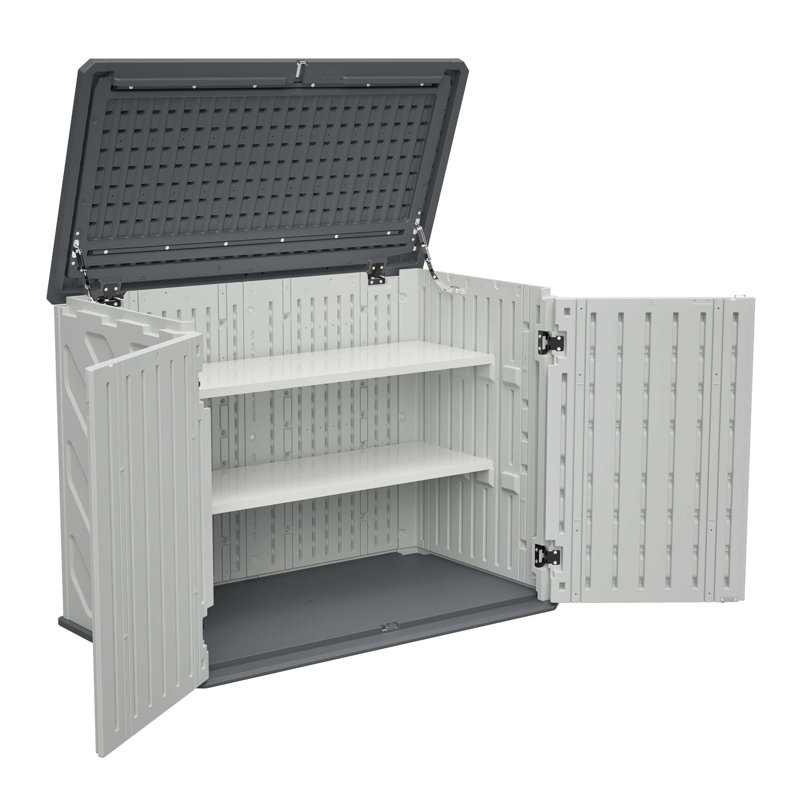 Horizontal Storage Shed With Removable Shelf, Large Lockable Outdoor Storage Cabinet, Weather-Resistant HDPE Plastic Storage Unit For Backyard, Patio, Garden – 28 Cu.Ft, Ivory White