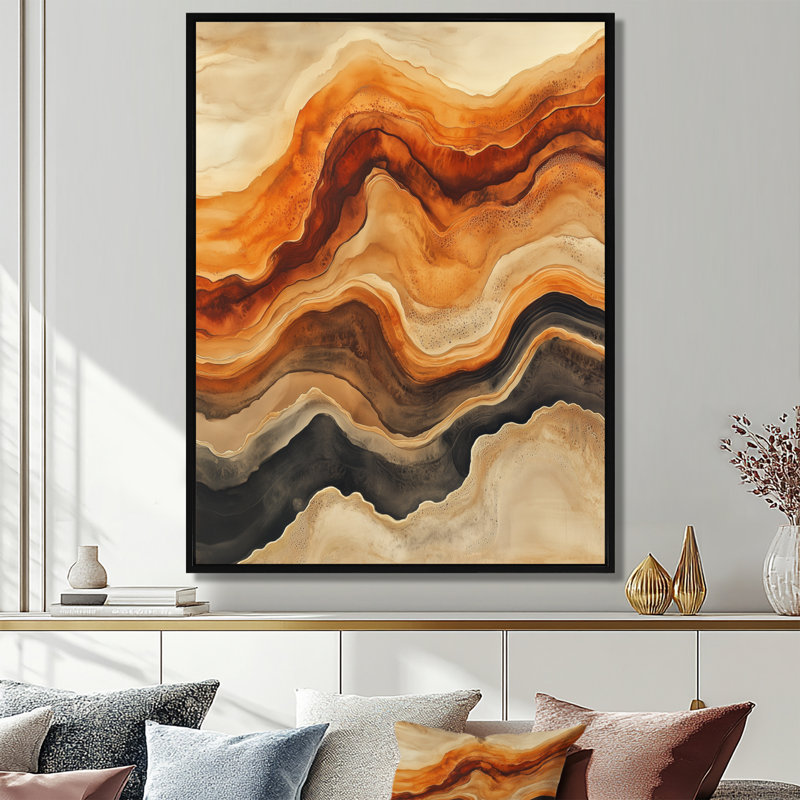«Warm Earth Flow Abstract Ink I», reproduction sur toile fluide orange, H 32 po x l 16 po, Cadre flottant noir