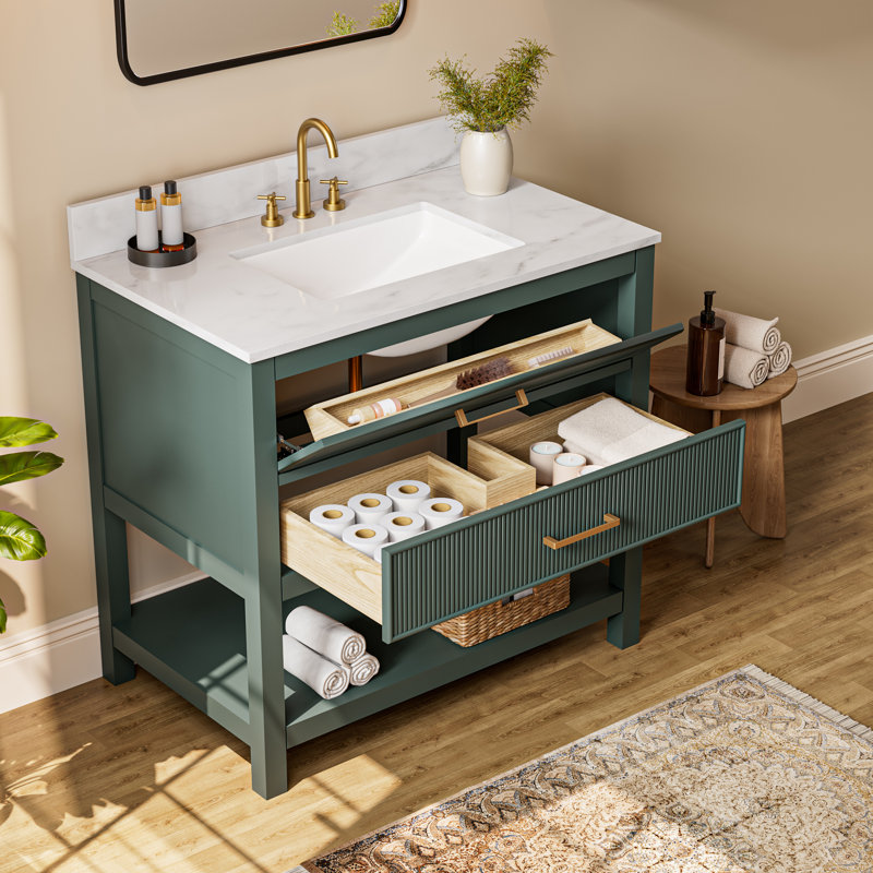 Meuble-lavabo simple 36 po avec plateau en marbre artificiel 36 po, entièrement assemblé, vert, Vert