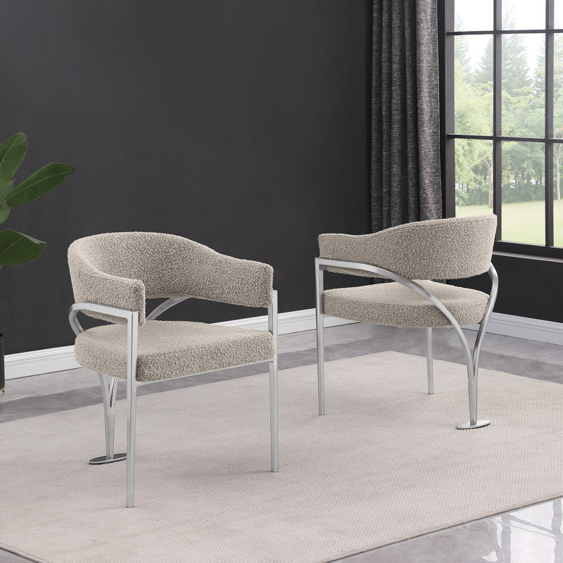 Chaises d'appoint en tissu Tripod Boucle avec structure en chrome brossé, Beige, Nickel brossé