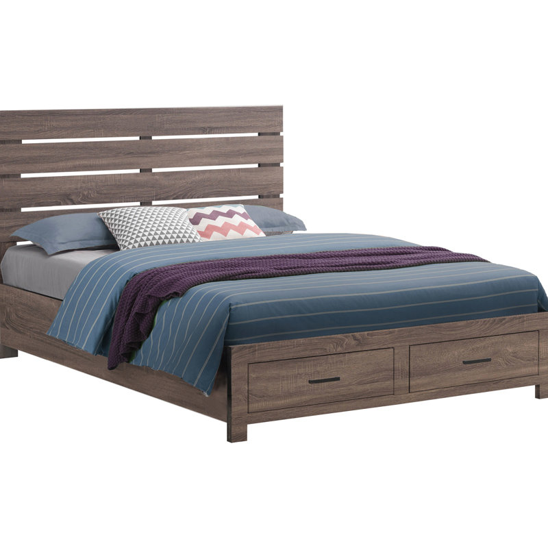 Eastern King Oak Panel Bed With Hidden Storage Compartments, Natural Wood Grain, Build Quality Slatted Headboard And Practical Drawers, No Box Spring Needed Setup