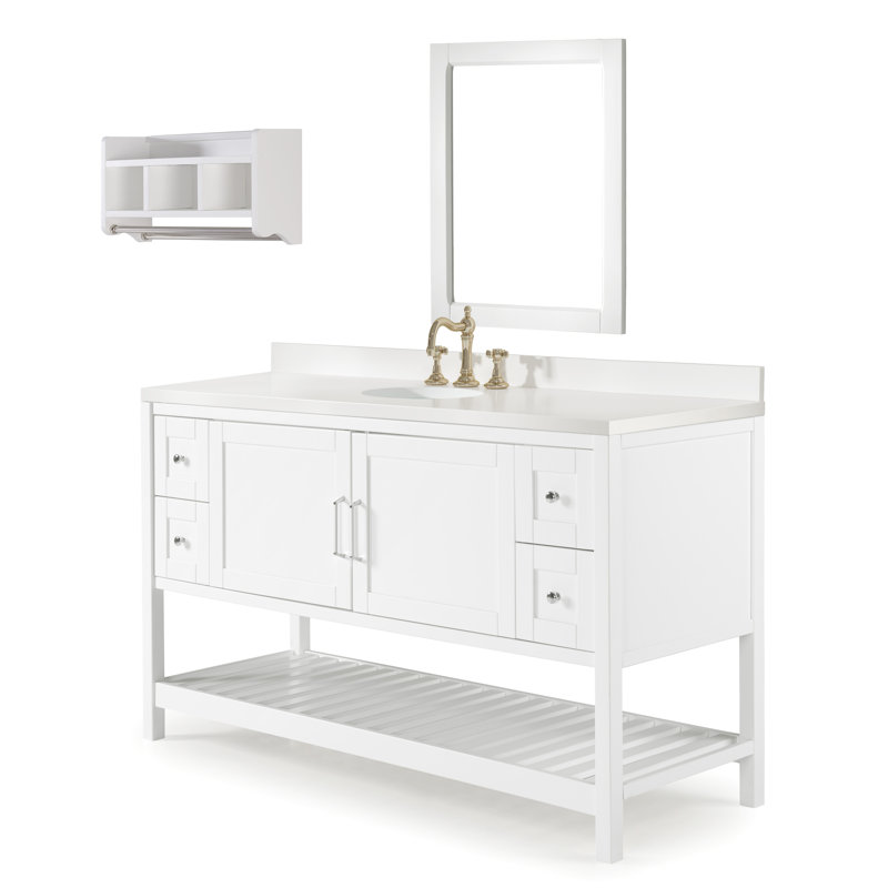 Alaterre Furniture Bennet 3pc Wooden Bathroom Vanity Set with 60"L Bathroom Vanity With Storage, 30"L Rectangular Mirror, and A 25" Wide Wall Shelf With 2 Towel Rods, White