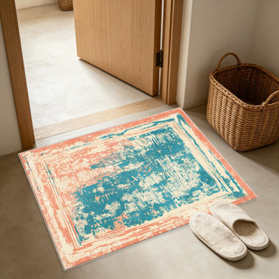 Coral Teal Vintage Border area rugs for Living Room, Soft and Comfortable, Suitable for all seasons, easy to maintain, machine washable Indoor floor mat, Under Table Farmhouse suitable for Bedroom, Dining Room, Study, Patio, Balcony, Home Decor