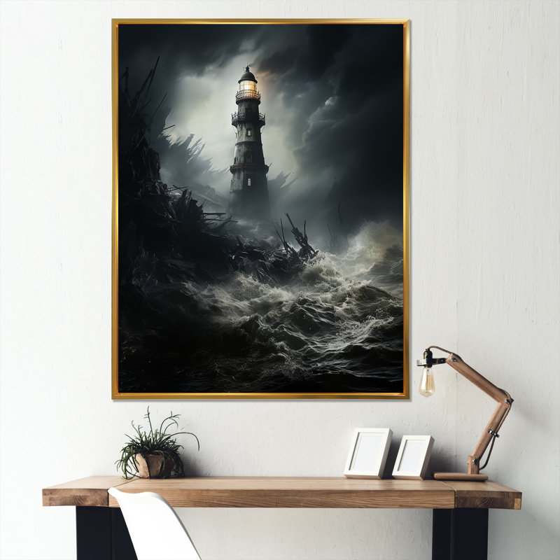 Phare battant contre les vagues orageuses - Art mural encadré, Cadre flottant doré, H 32 po x l 16 po x P 1 po