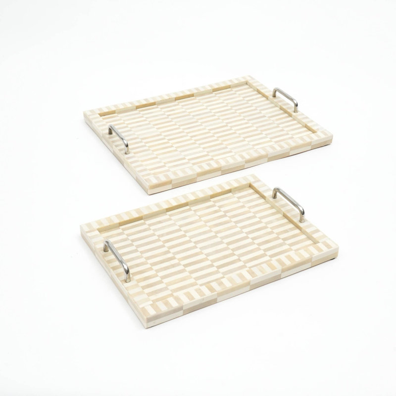 Plateau à carreaux en os et résine fait à la main avec poignée - ensemble de 2, Beige