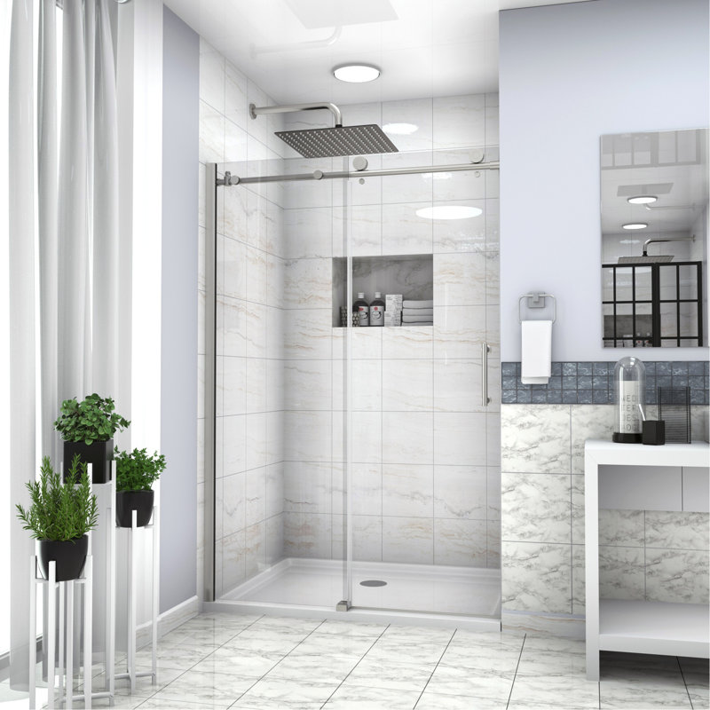 Shower Door 48" W X 76"H Single Sliding Bypass Shower Enclosure, 5/16 In. (8Mm), Brushed Silver, Brushed Nickel
