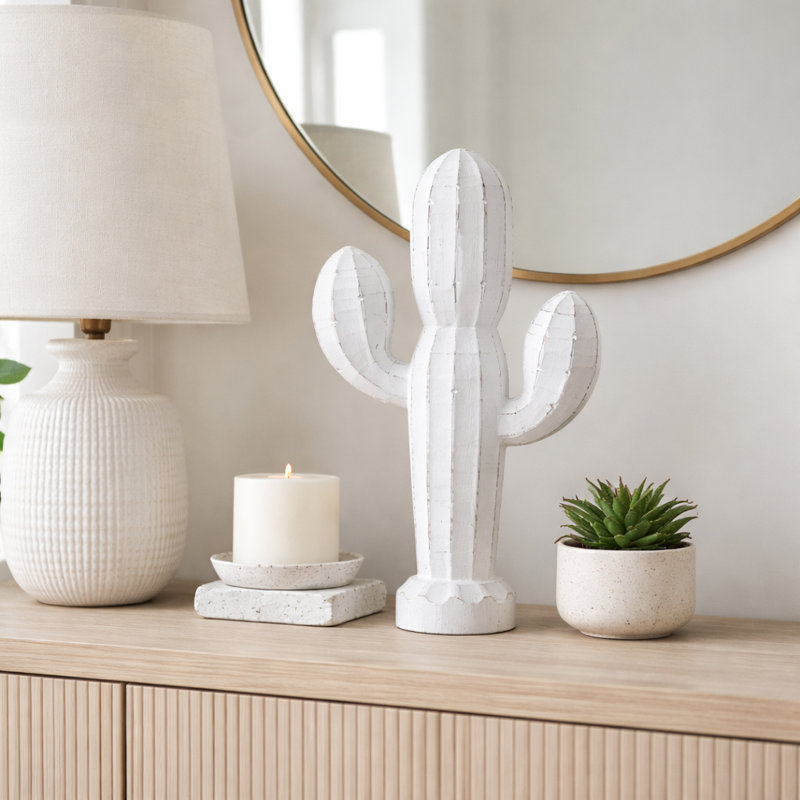 Figurine décorative en bois de cactus pour la décoration intérieure - objet moderne du sud-ouest pour la décoration de table ou de salon - blanc