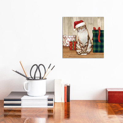 Christmas Kitty On Planked Wood by David Carter Brown - Wrapped Canvas Painting