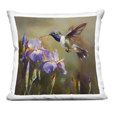 Hummingbird & Purple Irises Decorative Printed Throw Pillow, design by Tina LeCour, 18 x 7 x 18