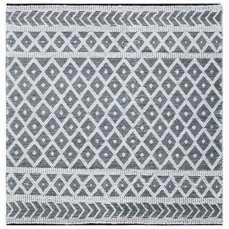 Ashdown Natura Hand Woven Wool Cotton Geometric Rug in Ivory/Black, Square 6'