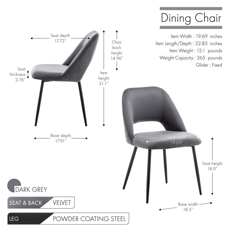 Vendrina Velvet Dining Chair with Steel Legs, Dark Gray