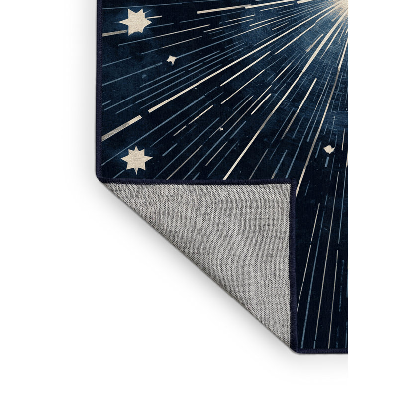 Machine Washable Palvinder Posh & Luxe Starburst Rug in Blue – Navy Binding, 6 x 9