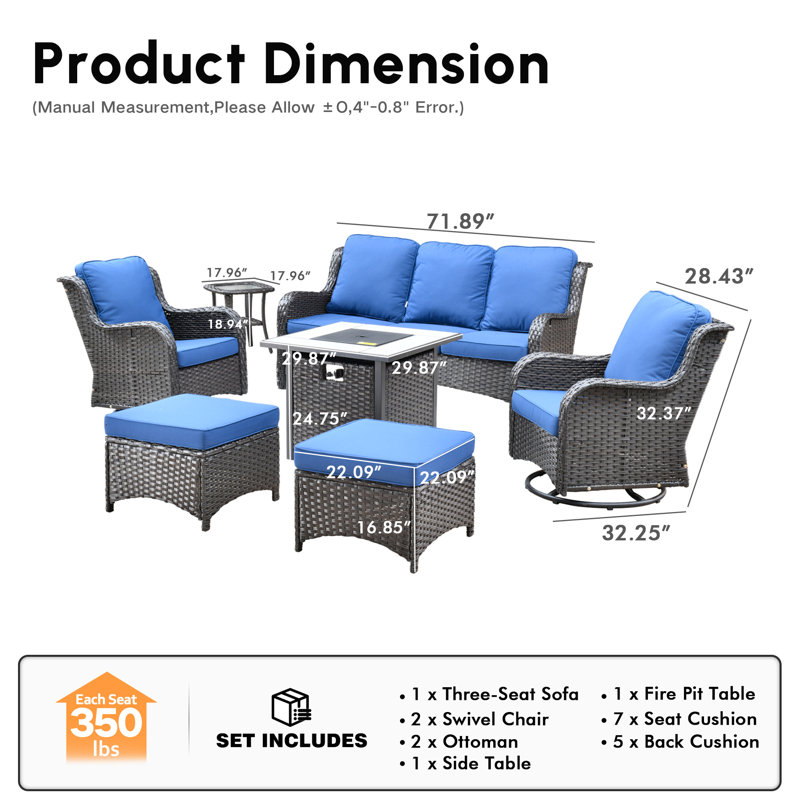 Ensemble de conversation en osier / rotin pour 5 personnes avec coussins, Brown Frame/Navy Cushion
