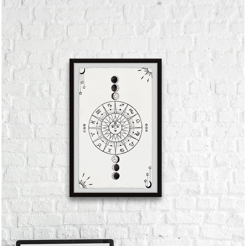 Lune et astrologie - Reproduction d'art graphique sur papier encadré, 12 x 18
