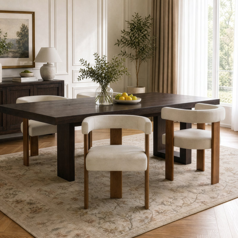 Chaise de salle à manger cylindrique en chenille de style milieu du siècle avec structure en noyer (ensemble de 6), Beige, 6