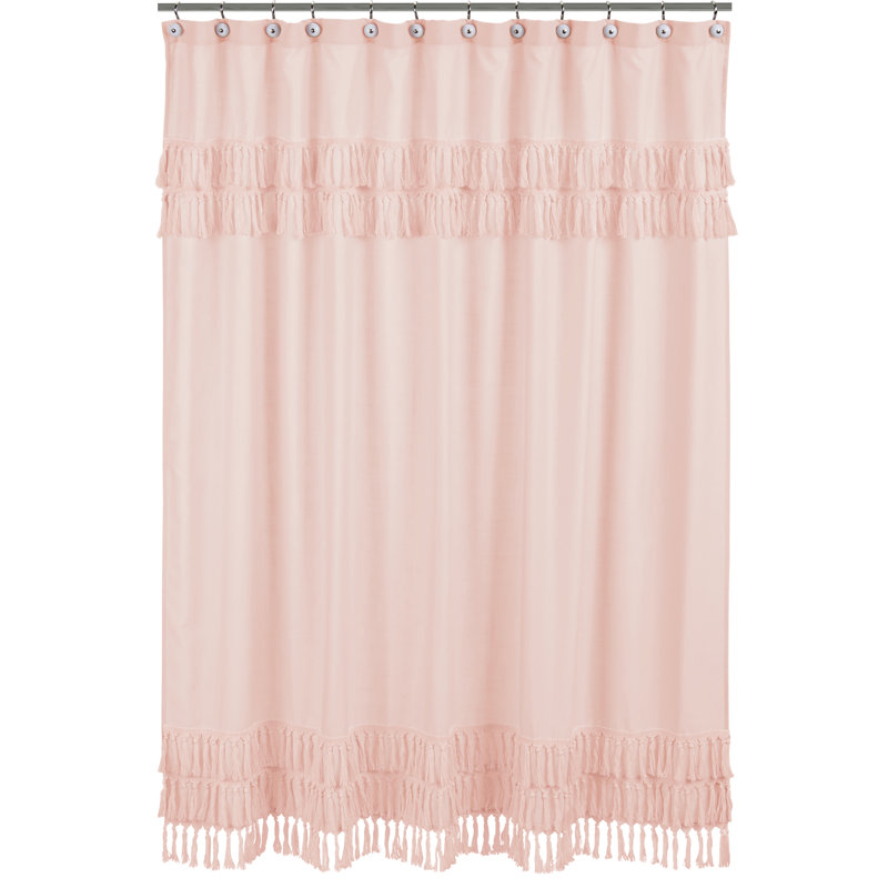 Pink Cotton Bohemian Shower Curtain with Tassel Fringe