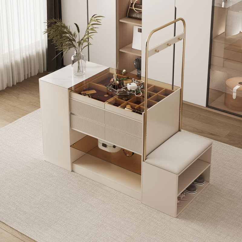 Commode pour îlot de 60 po avec comptoir en verre, rangement pour bijoux, bar et banc 60 po Modern
